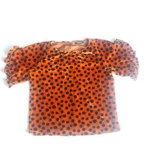 Madewell Womens Velour Ruffle Sleeve Blouse Size XXS Orange Black Polka Dots EUC
